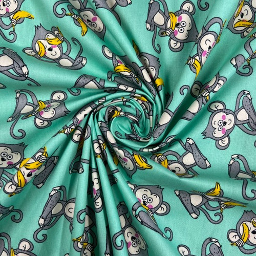 Mint monkeys cotton fabric - monkeys,